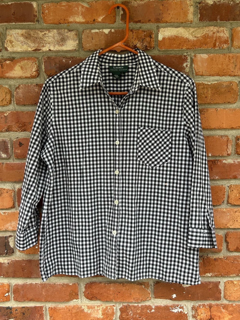 Lauren Ralph Lauren Black Gingham Button-Up Shirt Roll Sleeve w/Embroidery L